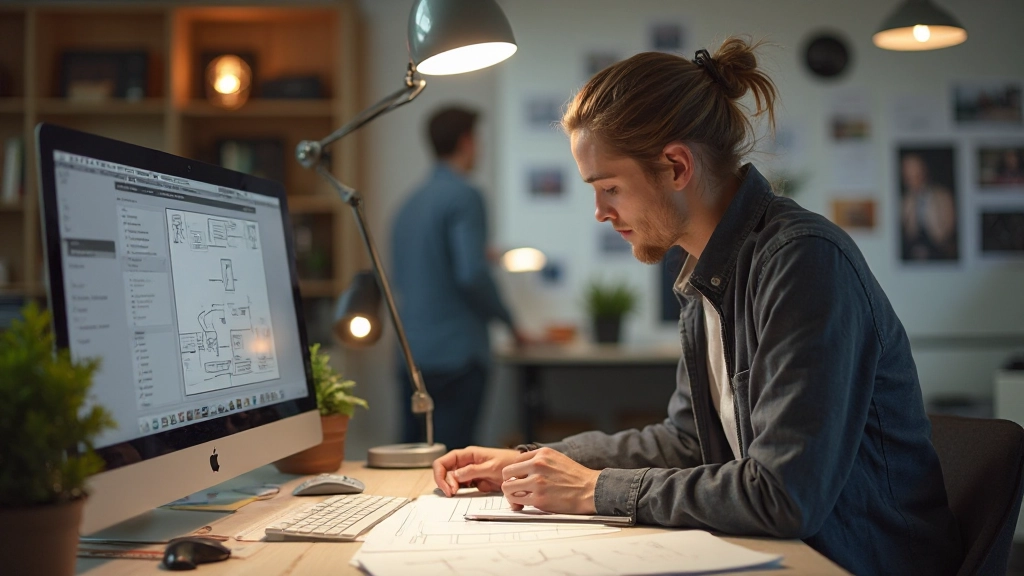 Stapel van wireframe schetsen op papier met potlood en passer, design studio tafel met inspiratie boards
