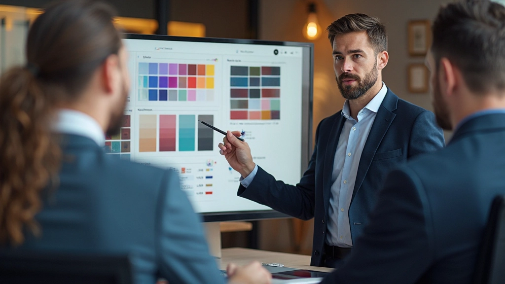 Webdesigner presenteert afgewerkte kleur- en typografiepalet aan cliënt op grote monitor in moderne kantooromgeving