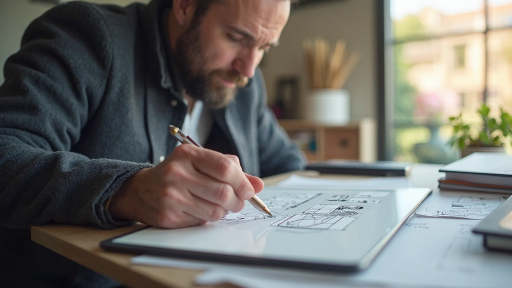 Product designer sketching wireframes and user interface layouts on tablet with stylus