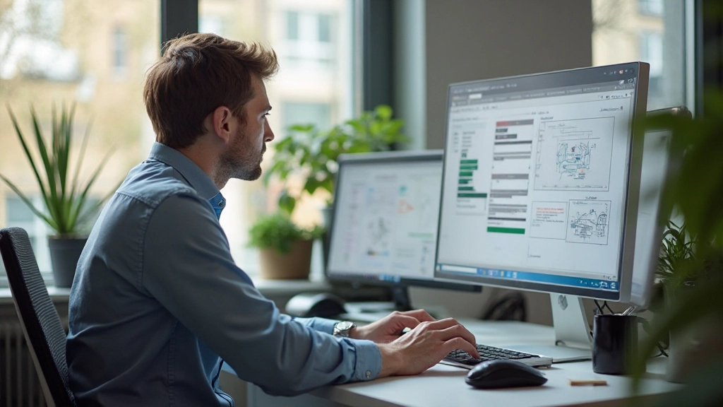 Designer werkt aan wireframe op groot scherm met koffie en notebook, moderne kantoor omgeving met natuurlijk licht