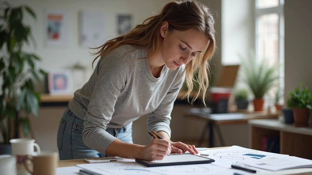 Web designer sketching wireframes and user interface layouts on tablet