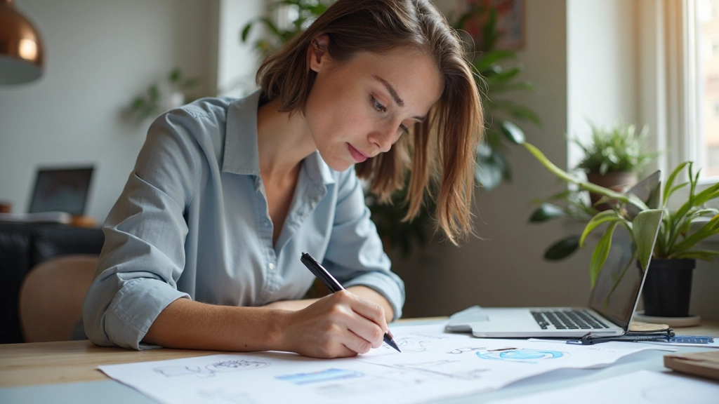 Webdesigner working on design system and layout sketches at creative workspace with multiple monitors